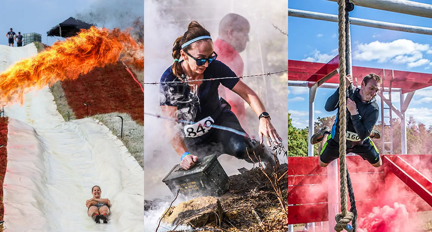 Three photo collage: two people smiling with race medals under a tent, a man sliding down a wet obstacle raising hands, and a group of eight people posing with medals after a race.